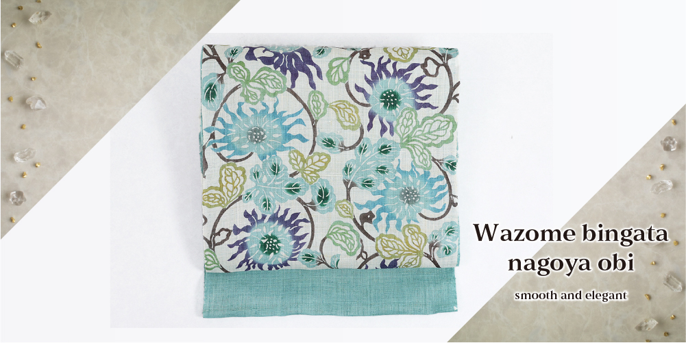 京都 栗山工房 本麻 九寸名古屋帯 夏帯 和染紅型 二釜菊唐草 生成り×水色