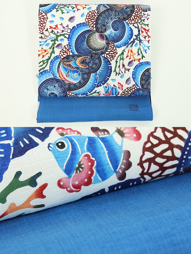 本場琉球 紅型染め 正絹 九寸名古屋帯 正絹真綿紬 城間栄順 珊瑚の海