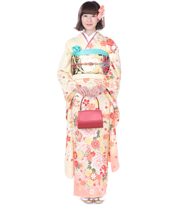 振袖レンタル｜クリーム色地に桜｜F0110｜M｜宅配着物レンタル・一式