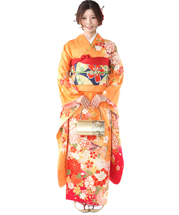 振袖レンタル｜橙に牡丹と桜｜F0418｜L｜宅配着物レンタル・一式フル