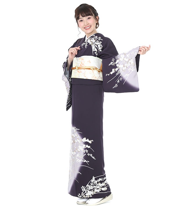 訪問着レンタル｜濃紺に花刺繍｜H0127｜M｜宅配着物レンタル｜きもの