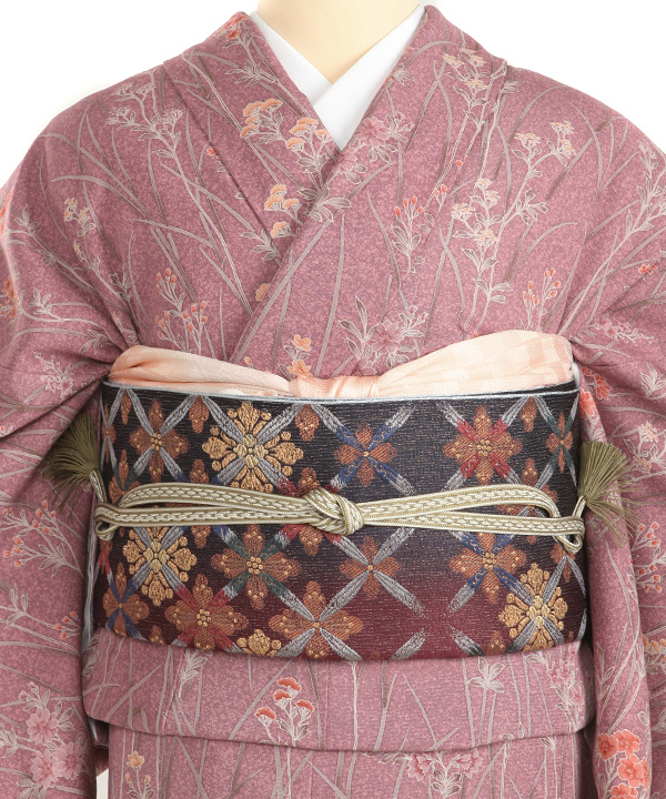 小紋レンタル｜薄小豆のたたき染めに花々｜H0390｜M｜宅配着物レンタル