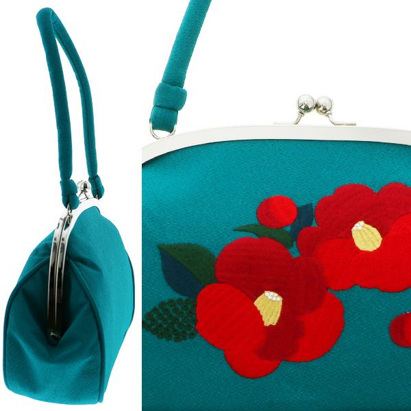 卒業式応援75％SALE 3/5迄)刺繍がま口バッグ単品「ターコイズ 椿」振袖