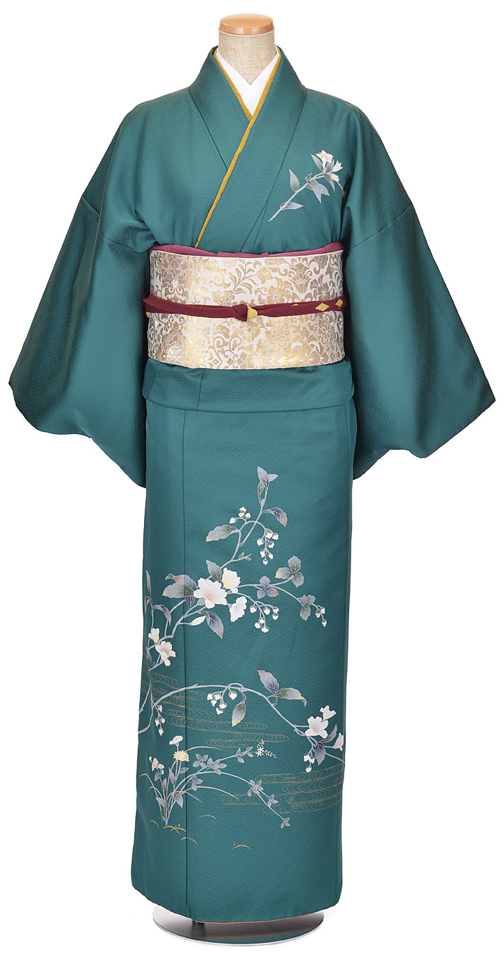 訪問着・付け下げレンタル｜HM-010訪問着緑／化繊／シルック|レンタル