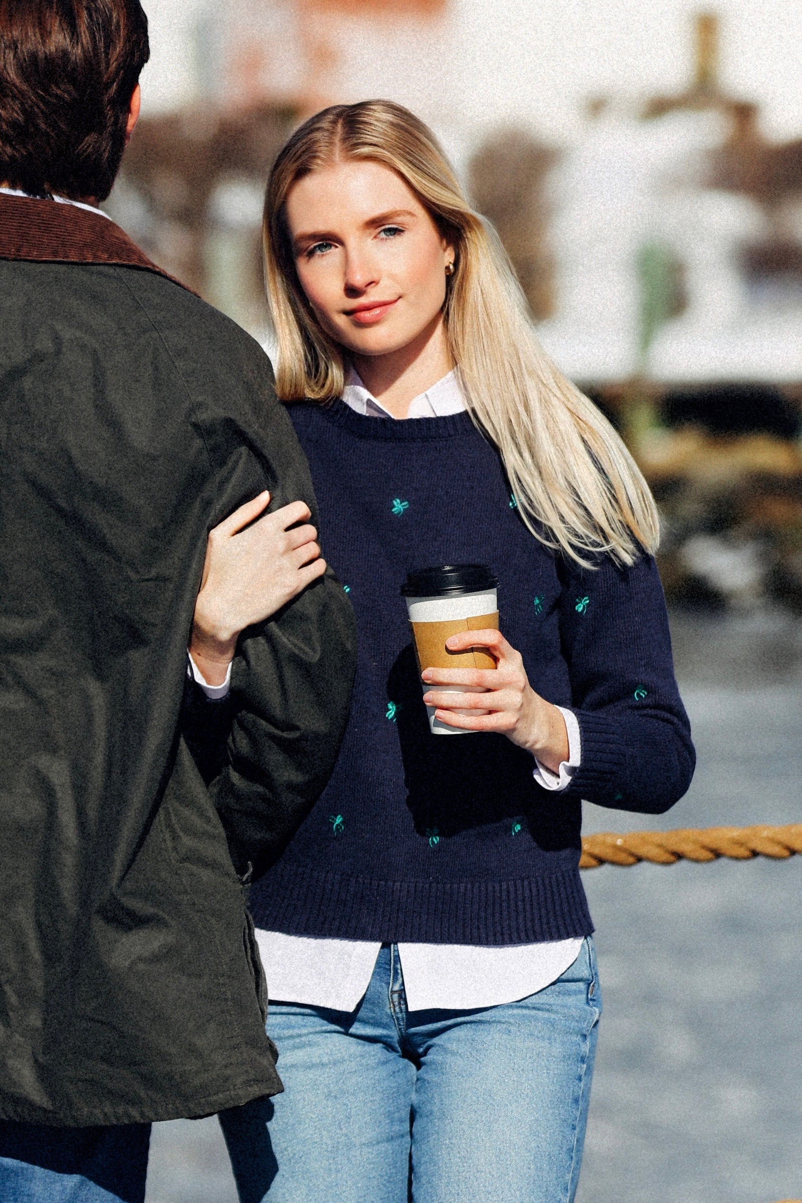 KJP Women's Lucky Charm Embroidered Shamrock Sweater in Blue