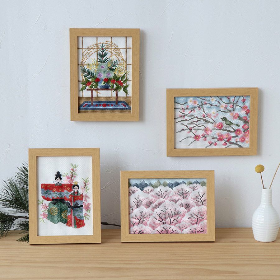 クロスステッチキット 12ヶ月の小さな花風景(2月 梅と小鳥) |生地 和柄