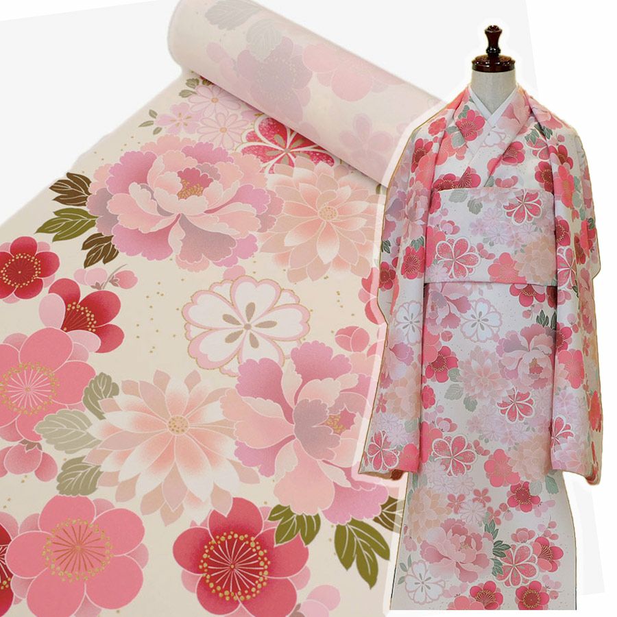 着物用洗える生地 和花の競演(コーラルピンク) 1反売り(約12m) |生地