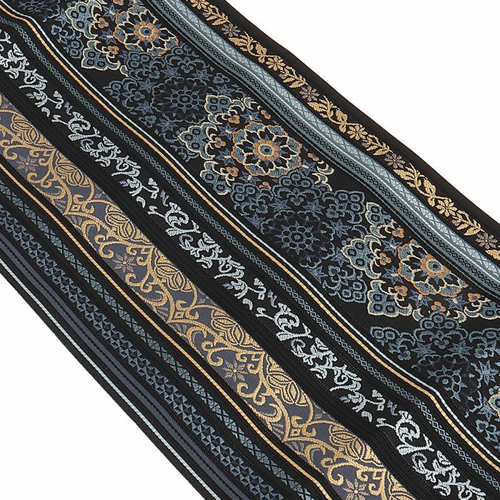 名古屋帯 博多帯 博多織 帯 八寸 松葉仕立て 隆毘間道 黒 縞 華紋 筑前