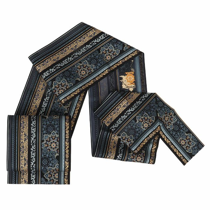 名古屋帯 博多帯 博多織 帯 八寸 松葉仕立て 隆毘間道 黒 縞 華紋 筑前