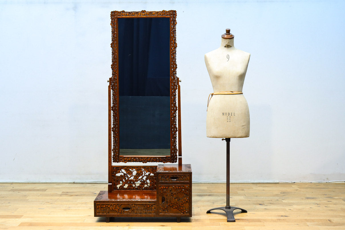 アンティーク軽井沢彫り ミラー 鏡 姿見 櫻 アンティーク軽井沢彫り