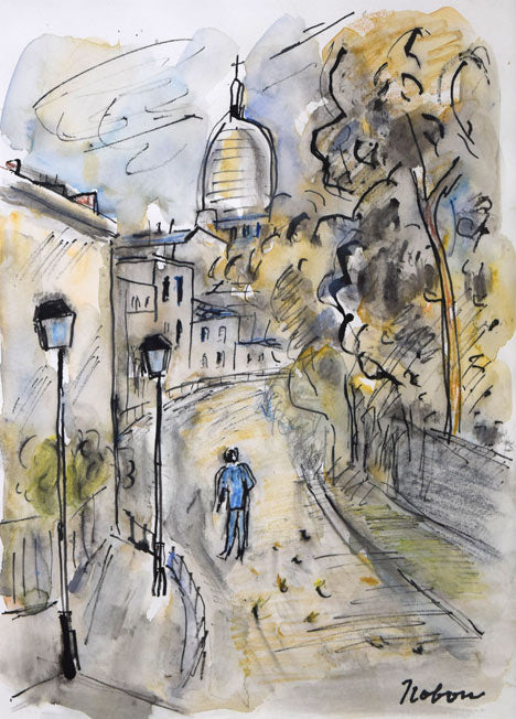 八木伸子「サクレクールの見える道（パリ）」水彩画 絵画買取・販売の