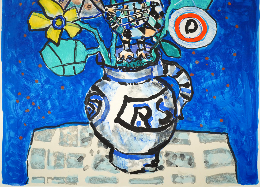 真作・版画】ポール・アイズピリ「青いバックの花」 真作・版画