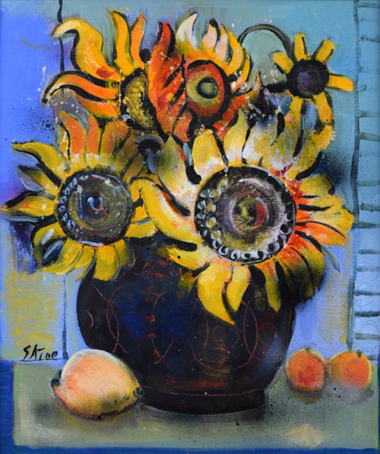 小林さと枝「ひまわり」油絵・F8号 絵画買取・販売の小竹美術