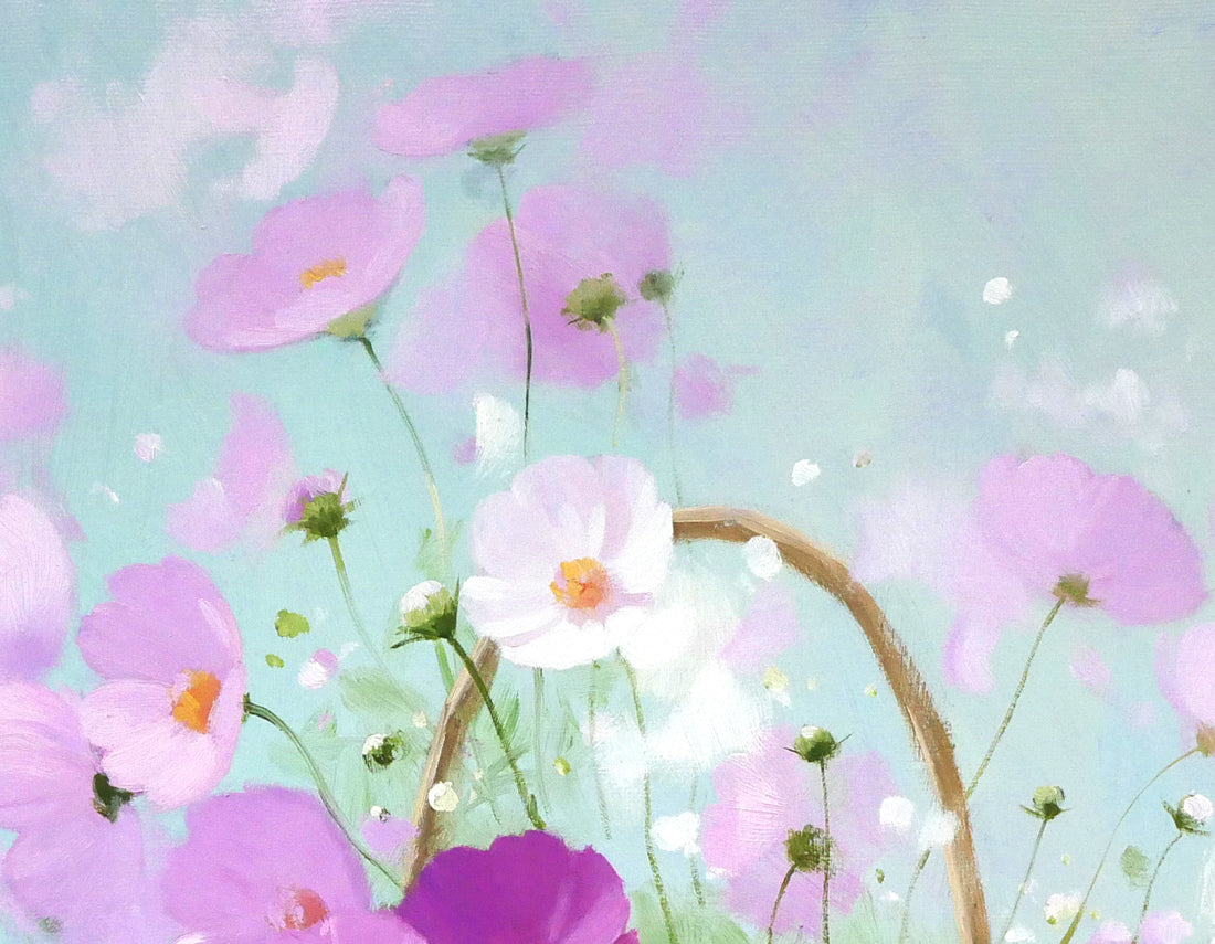 長岡卓「かごのコスモス」油絵・F20号 絵画買取・販売の小竹美術