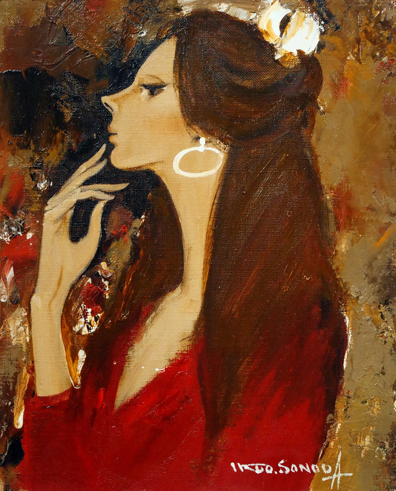 園田郁夫「女性像（赤い服）」油絵・F3号 絵画買取・販売の小竹美術