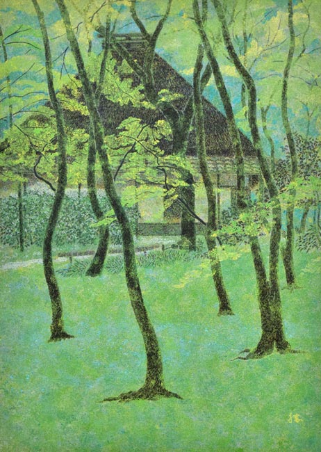 勝田幸男「新緑祇王寺（京都）」粒画 絵画買取・販売の小竹美術
