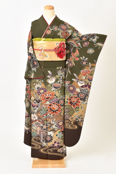 振袖[深緑・紅型風]｜着物レンタルあき (来店着付け無料・全国配送無料)