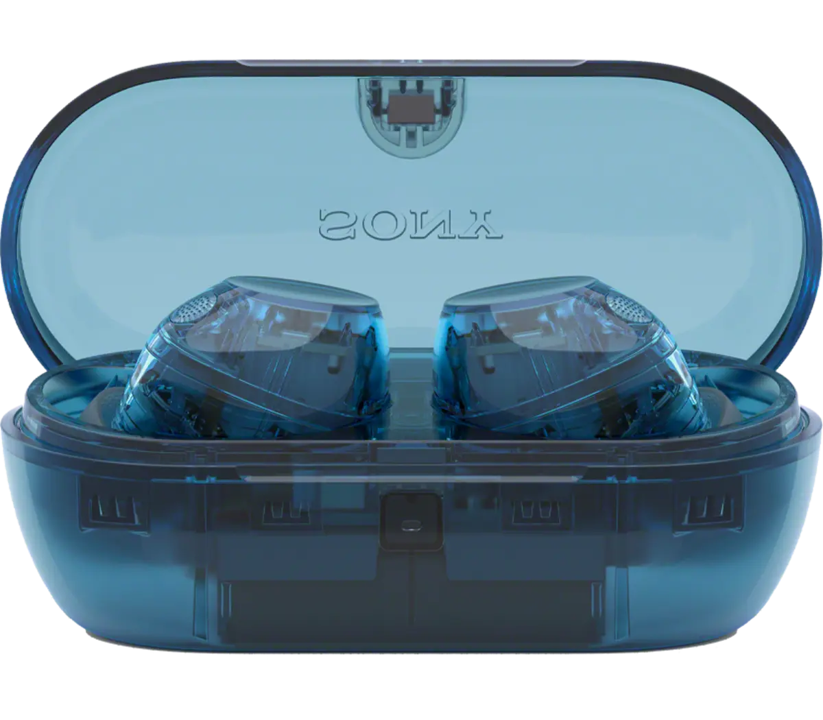 ソニーが海外発表したスケルトン仕様のグラスブルーの 新型NC対応完全