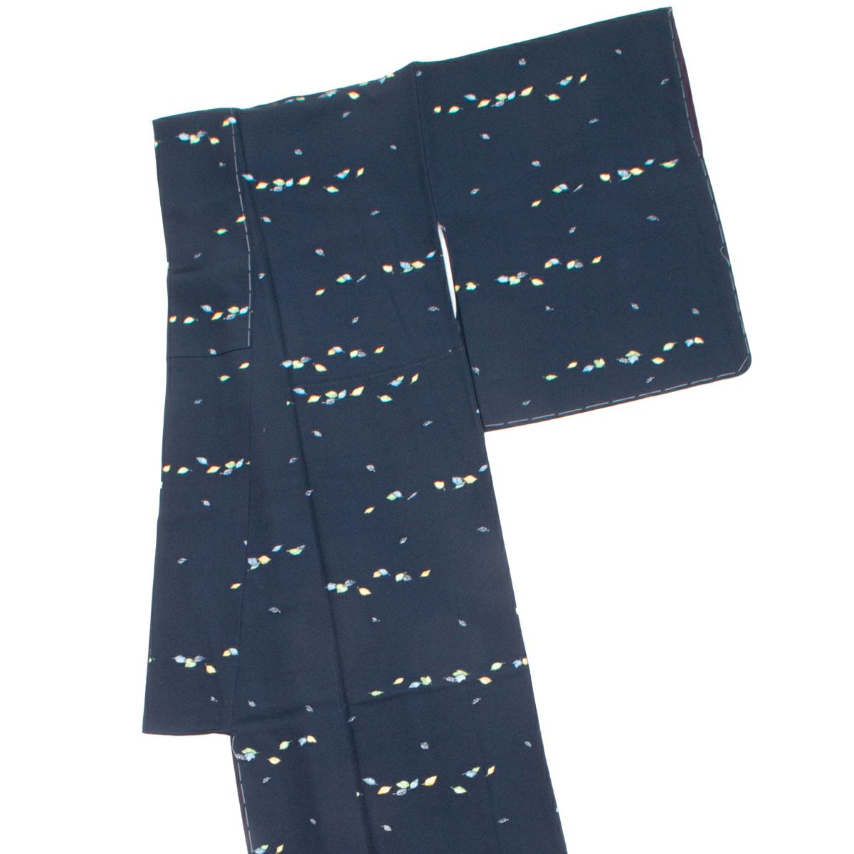 未使用品】飛び柄小紋 友禅 葉 冨貴寄文様 濃紺 正絹 袷 身丈：約162cm