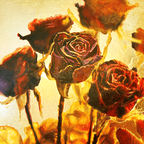 逆光の金色の光に包まれる6本の赤黒いバラのドライフラワーの花束 (F4