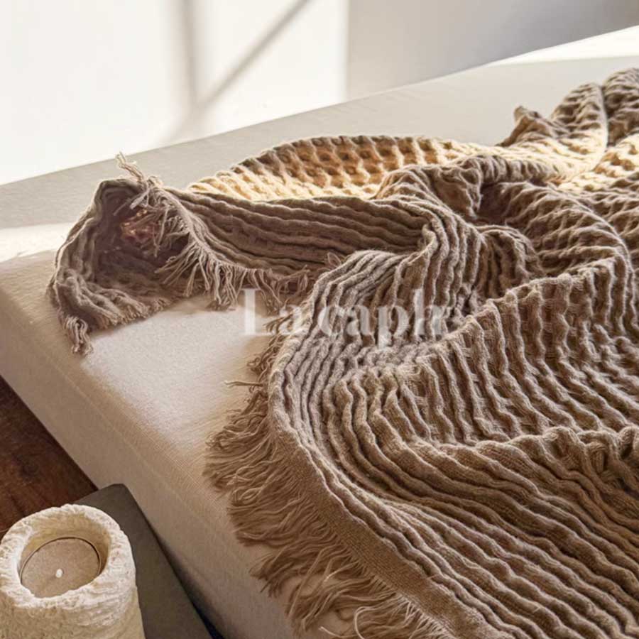 ワッフルウィーブブランケット(2colors)（茶・白）オールシーズン