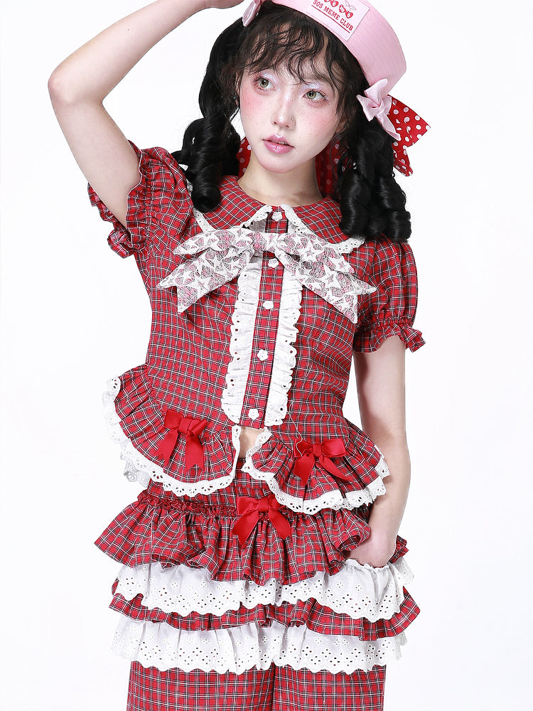 Kawaii Red Plaid Short Sleeve Shirt - Showa Lace Bow - SOS MEME
