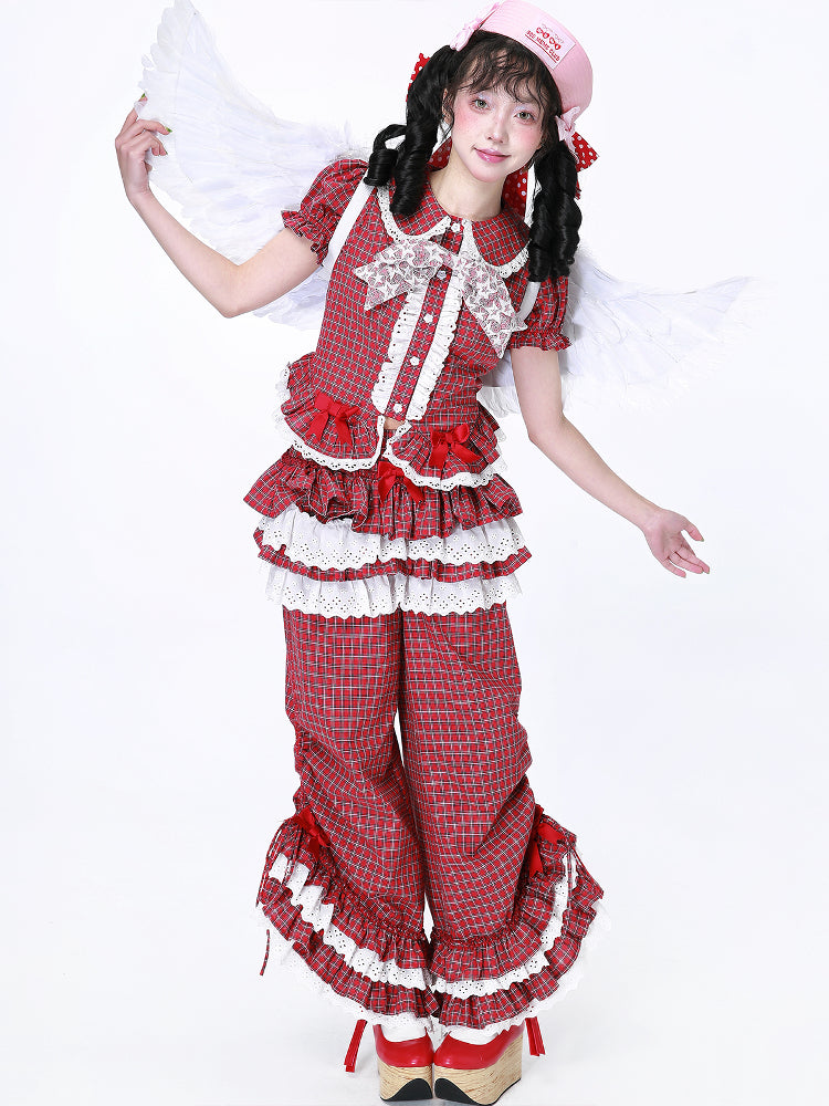 Kawaii Red Plaid Short Sleeve Shirt - Showa Lace Bow - SOS MEME