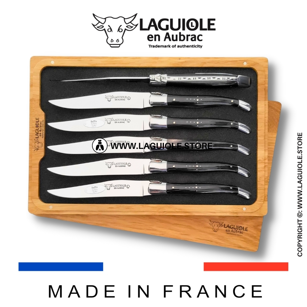 Set of 6 Laguiole en Aubrac Steak Knives Buffalo Horn handle