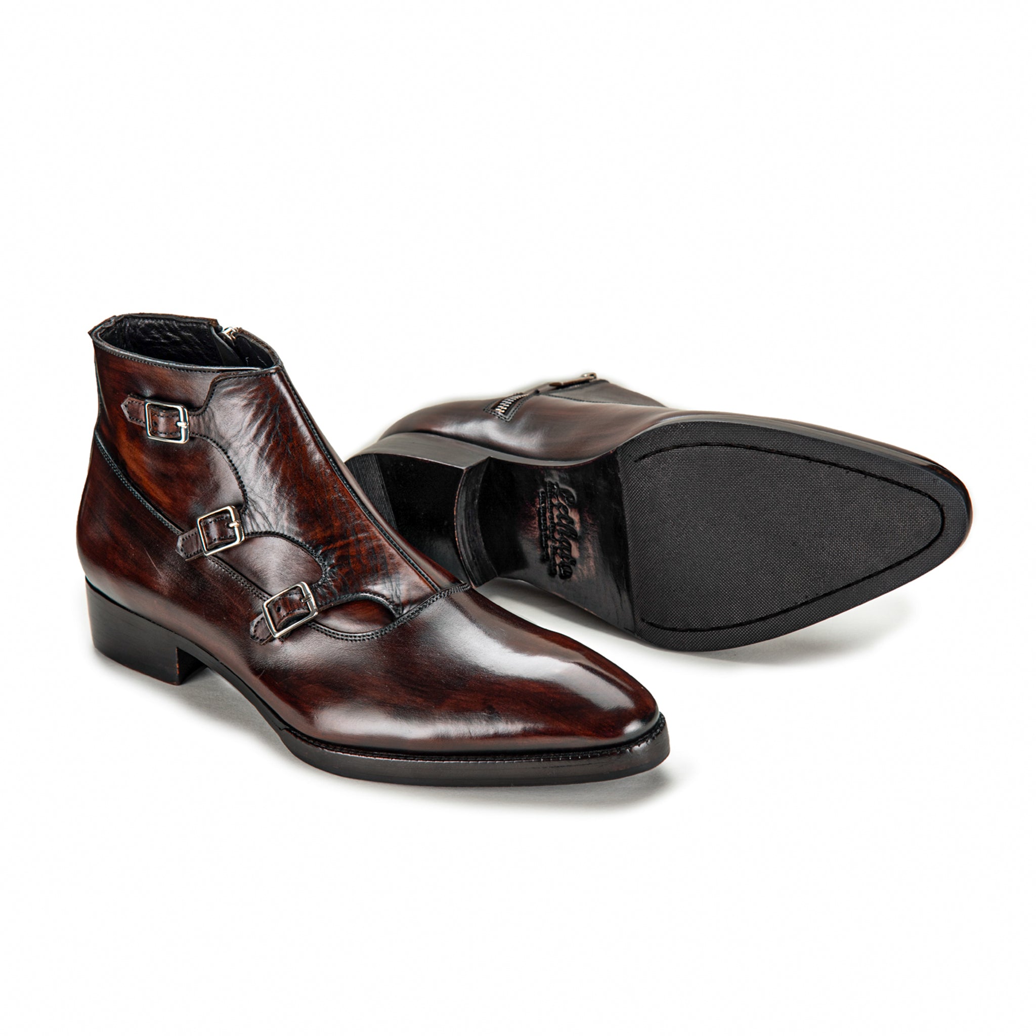 Triple Monk Strap Zipper Boots - Dark Brown | Lethato