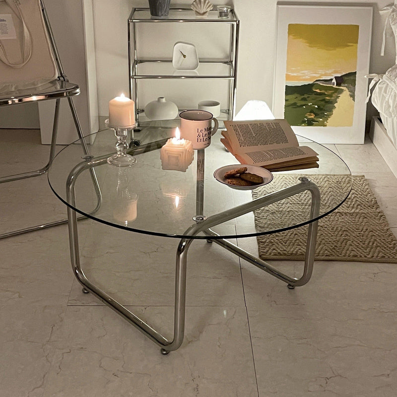 ガラスカバー付き八角形のセンターテーブル 八角形ガラス金属テーブル