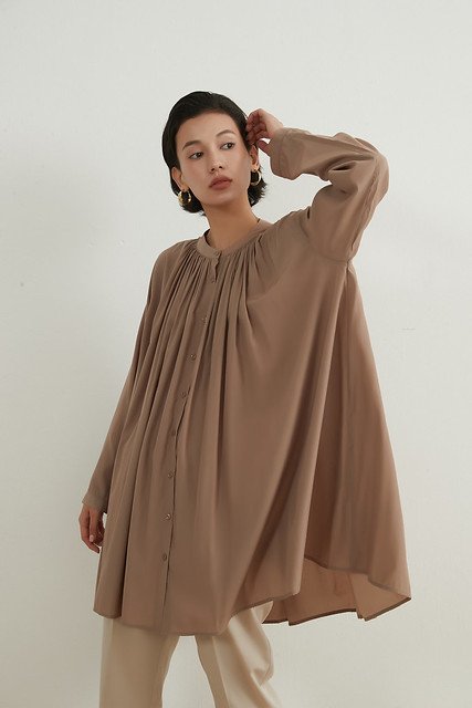 送料無料】長袖チュニック丈ロングブラウス羽織シャツふわゆれギャザー