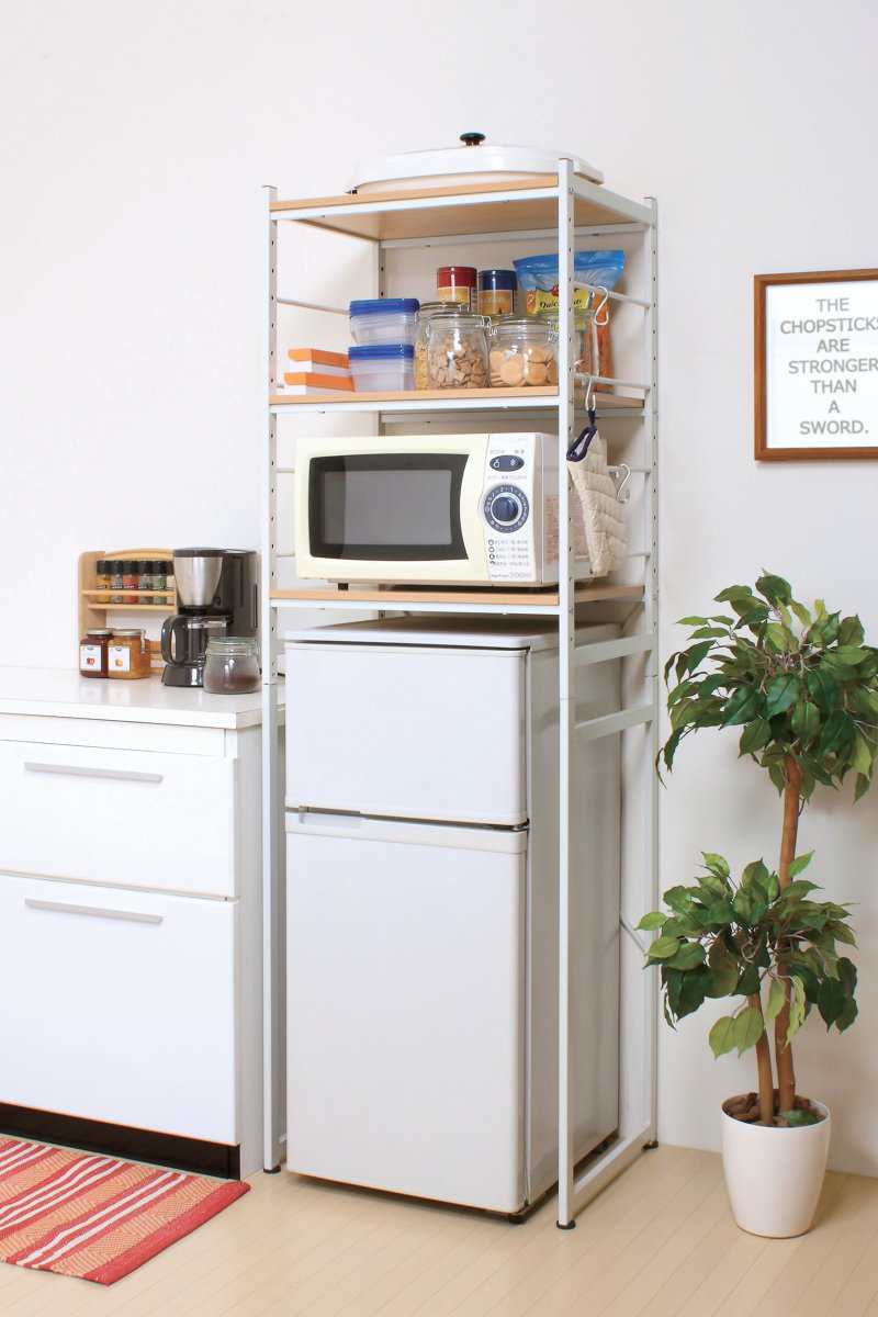 冷蔵庫ラック 幅58cm スチールフレーム 木目調天板 （ 冷蔵庫上ラック