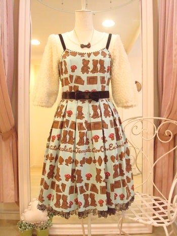 Bear Chocolate Print Ribbon Belt Sleeveless OP by Emily Temple Cute