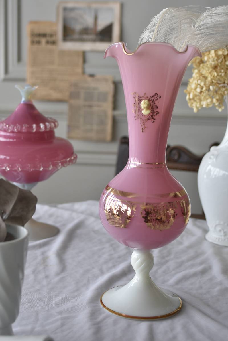 フランスアンティーク オパールセントガラス オパリン 花瓶 フラワー