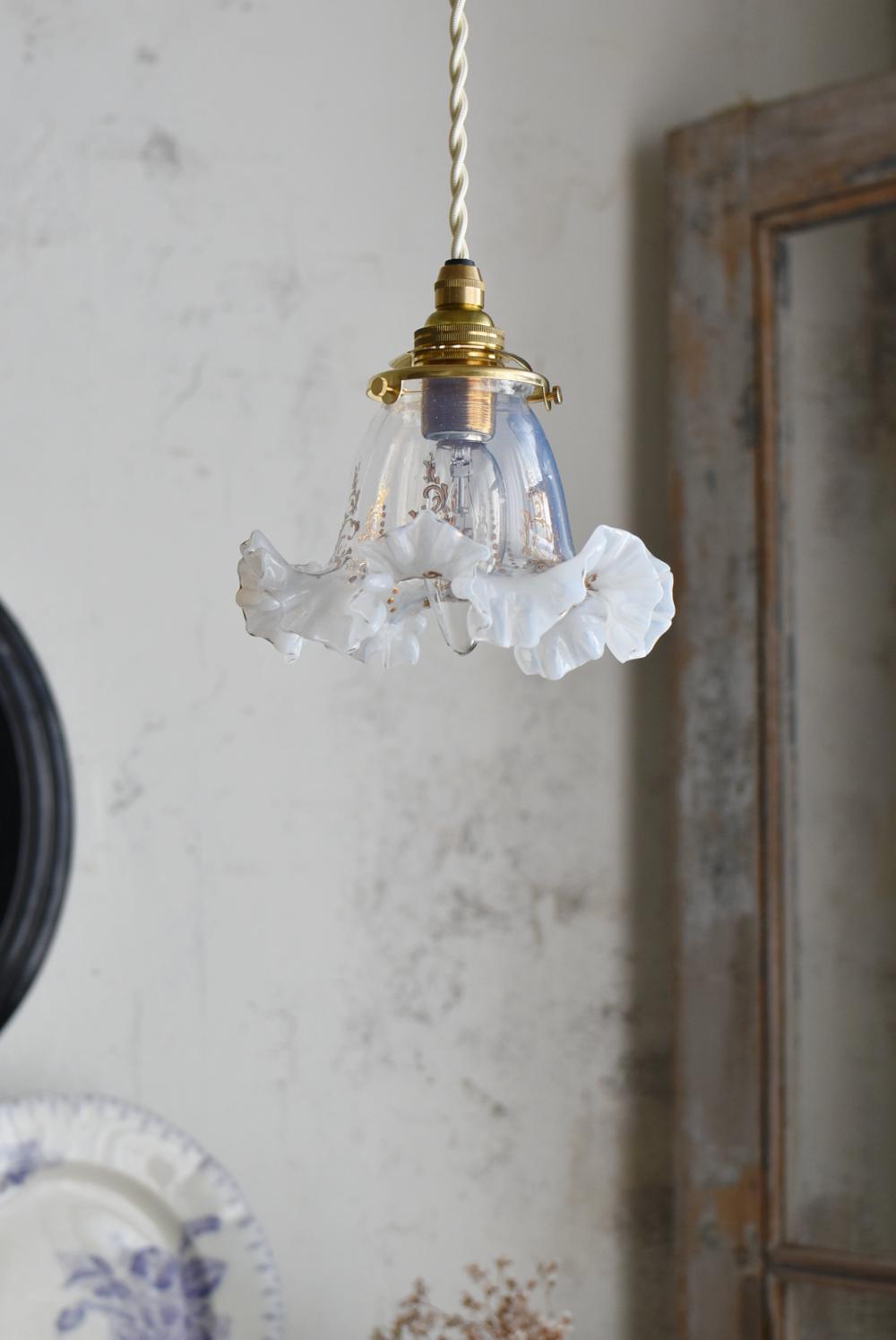 オパールセントガラスシェードランプ フレンチ照明 アンティークランプ