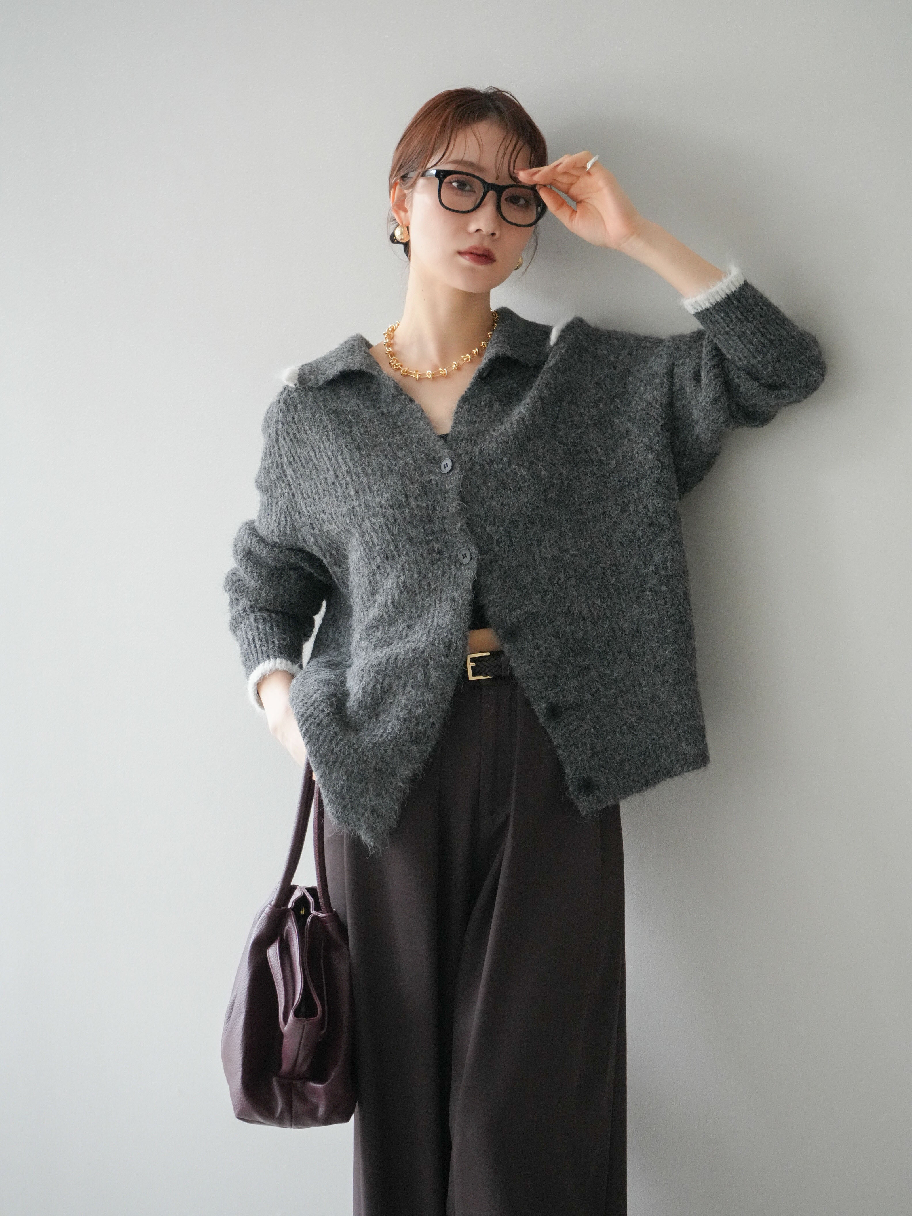 予約]襟付きバイカラーミックスニットカーディガン/gray – Lumier