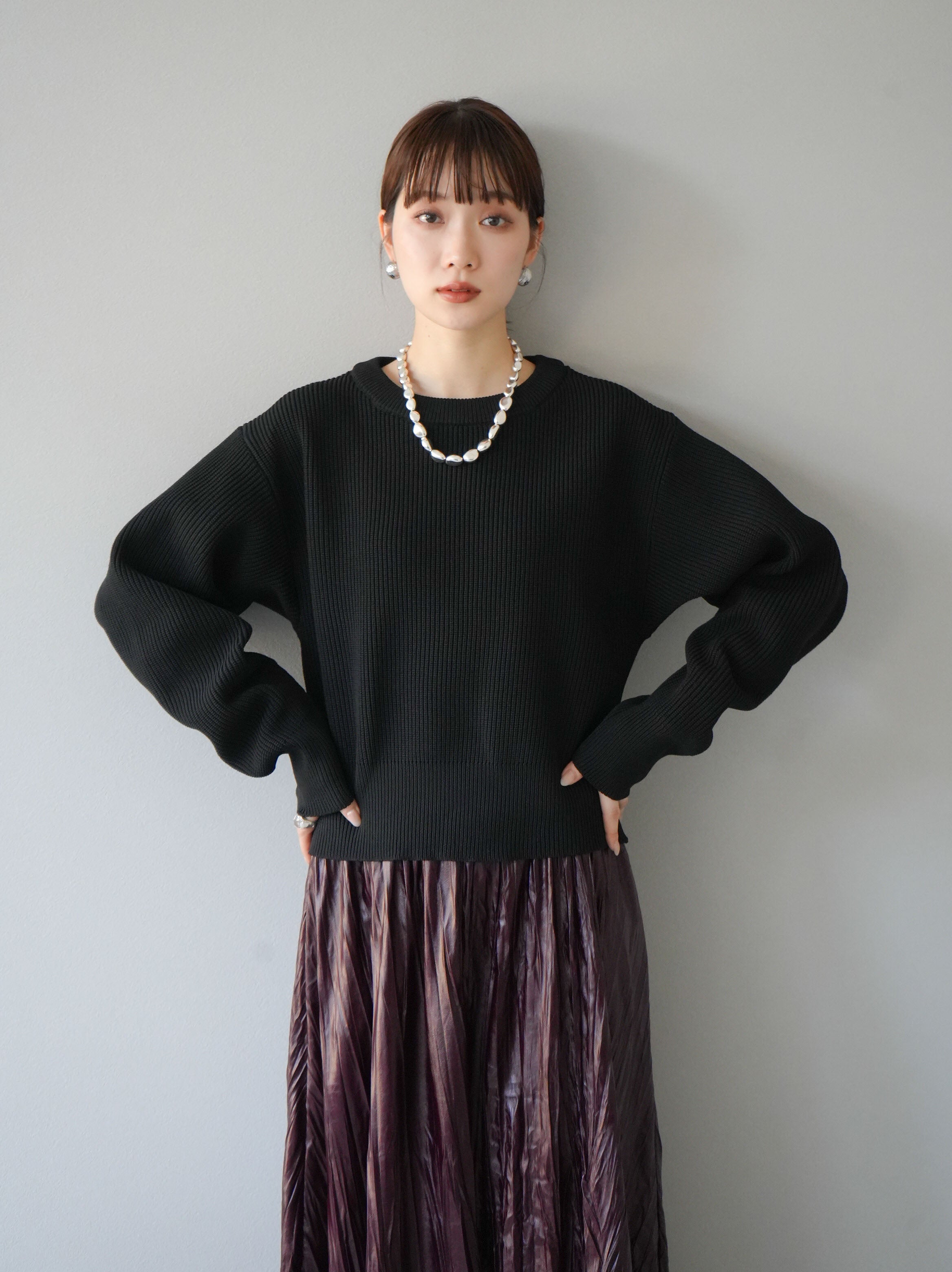 予約]あぜ編みポリエステルニットプルオーバー/ブラック – Lumier