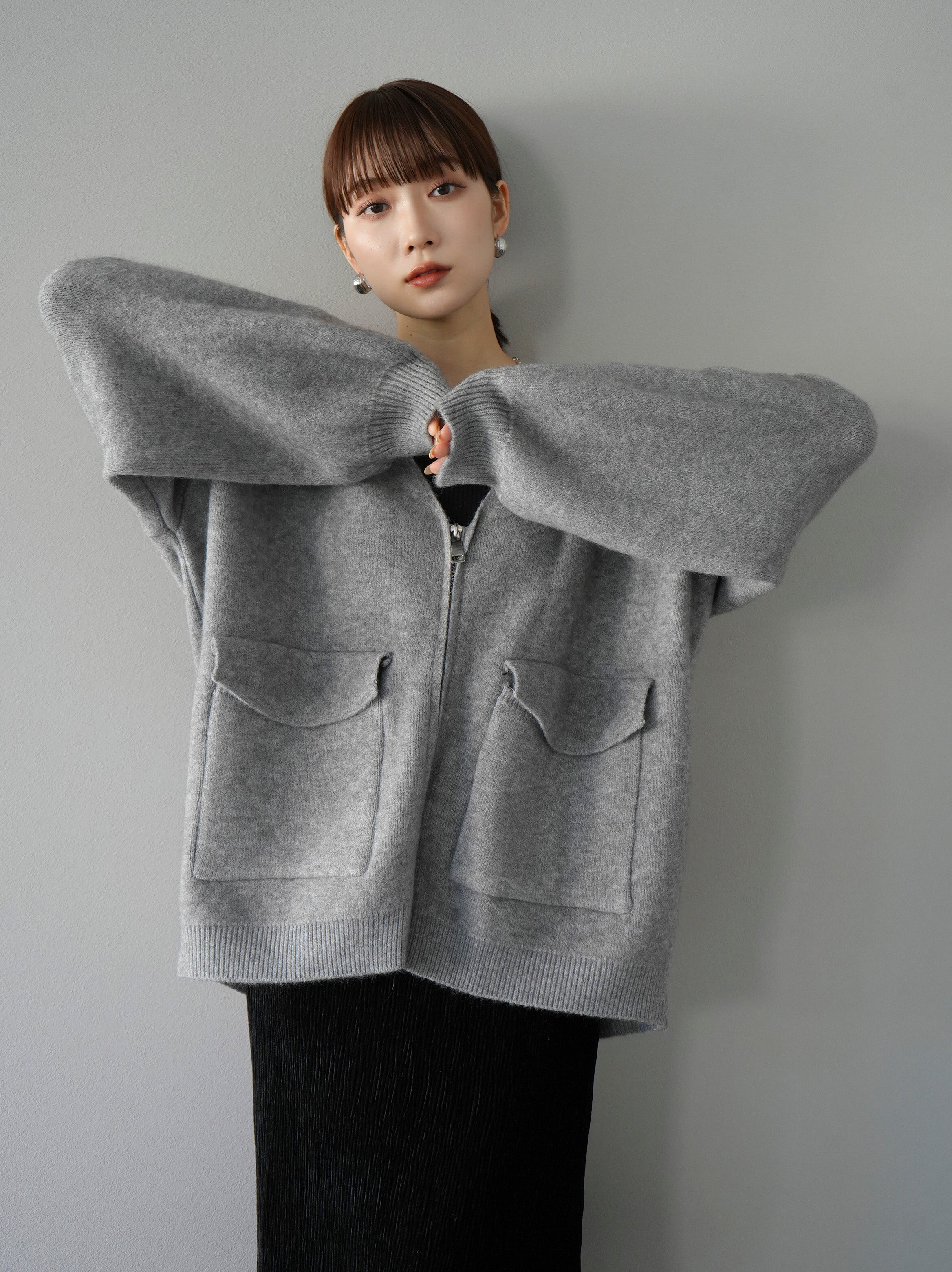 予約]BIGポケットジップニットカーディガン/グレー – Lumier