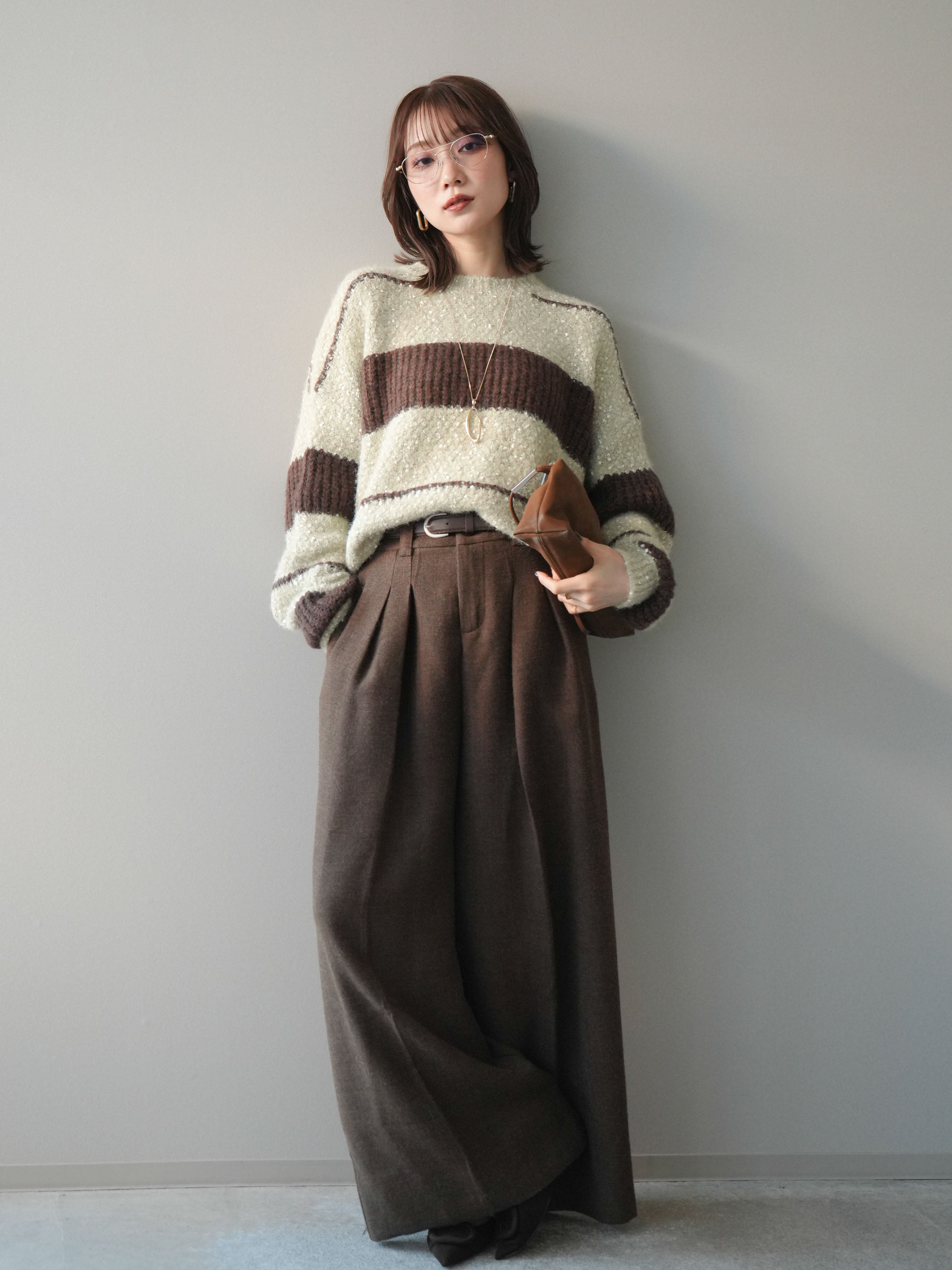 SET]ネップヤーンボーダーニットプルオーバー+ウールタッチベルト付