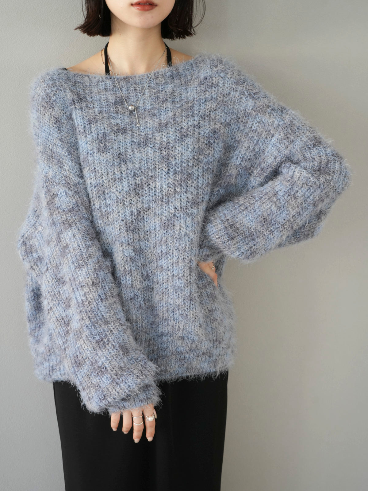 予約]ミックスヤーンメランジシャギーニットプルオーバー/サックス