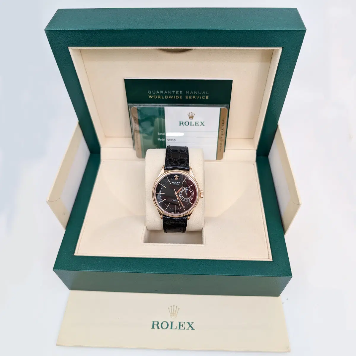 Rolex Cellini Date 50515 Black Dial Leather Strap 39mm Men's Watch