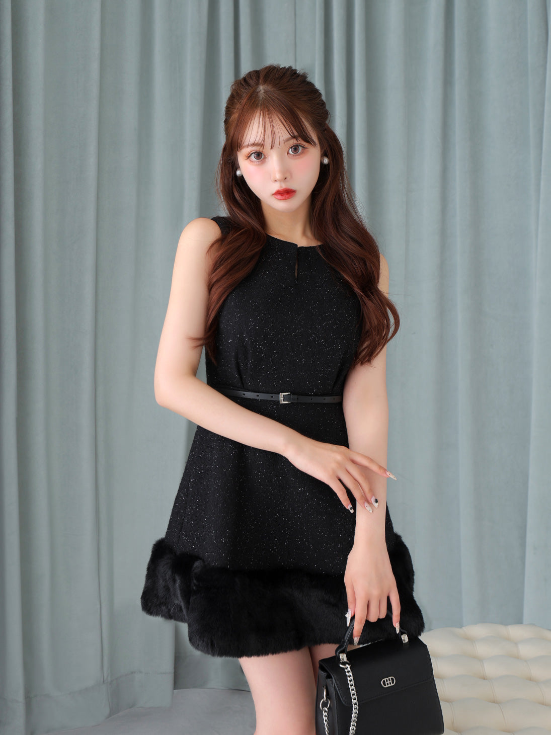 Lame tweed fur mini onepiece(eme10611) – M me eme