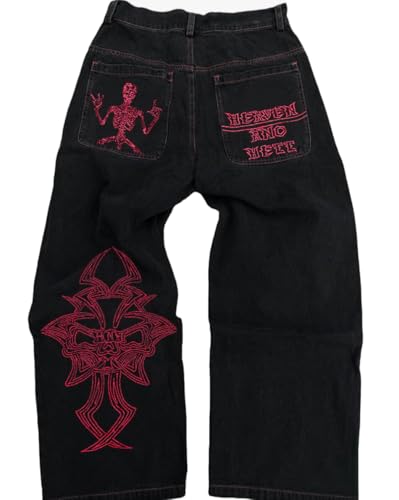 OATSBAS Y2K Beggy Jeans for Women Men Denim Pants Skull Embroidery