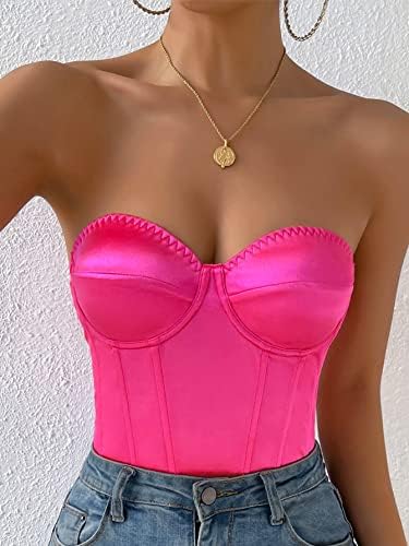 Lace Up Back Bustier Satin Tube Bodysuit, M1216609, Hot Pink, M