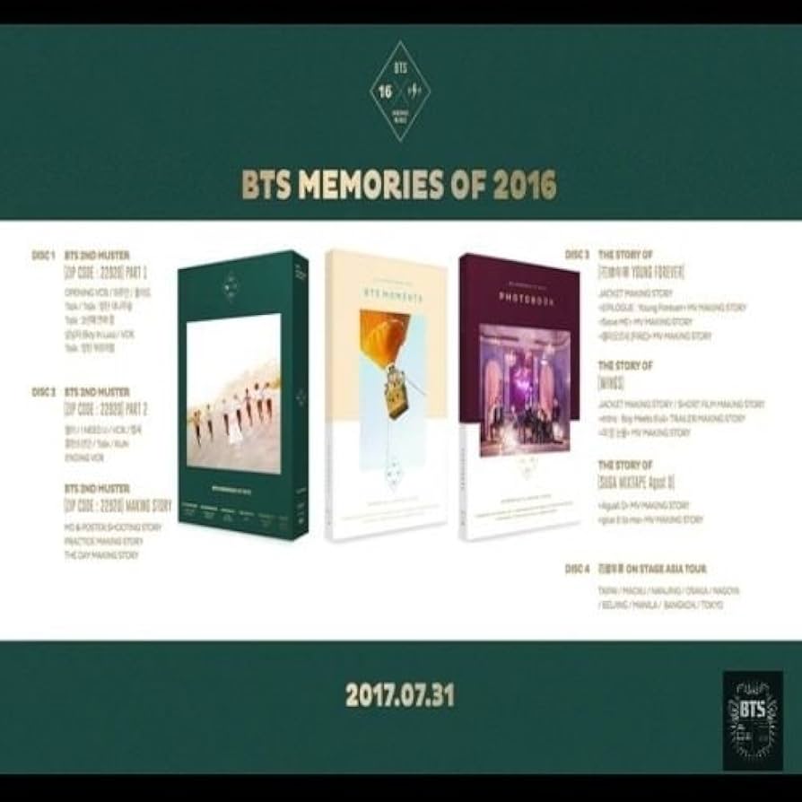 BTS [MEMORIES OF 2016] 4 DVD+188p Photobook+ Photocard K-POP