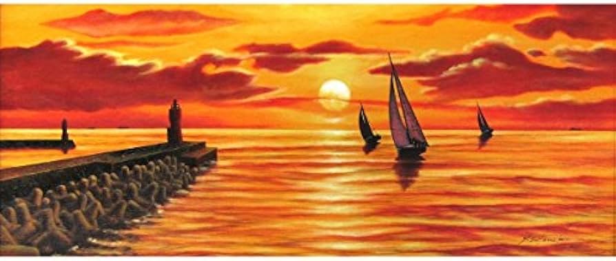 絵画帆船海夕陽