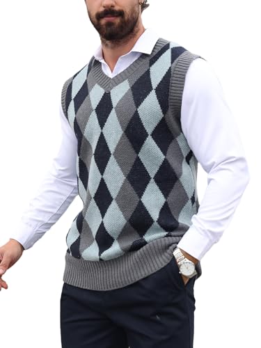 SOLY HUX Men's Plaid Sweater Vests Sleeveless V Neck Argyle