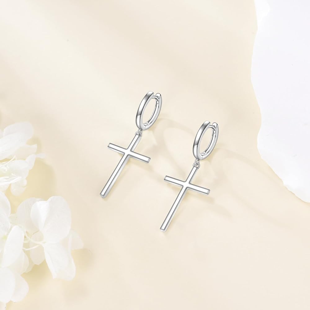 POPLYKE Sterling Silver Hanging Cross Earrings Cross/Lightning