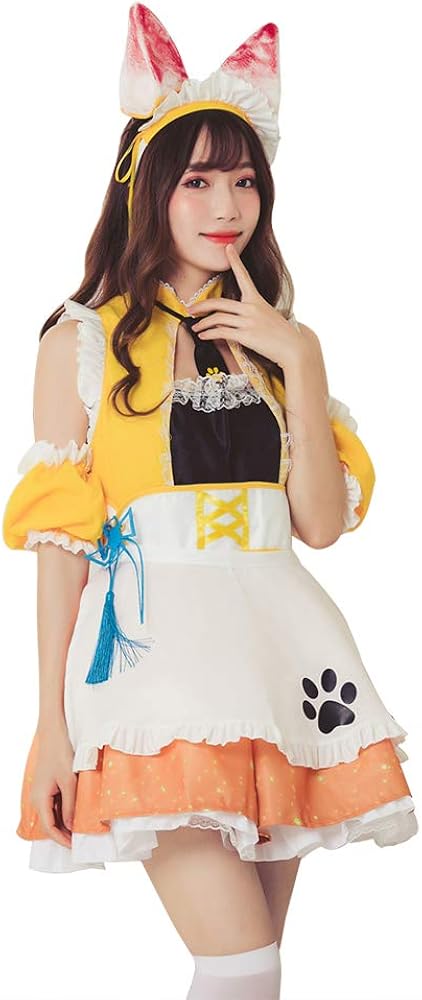 Amazon.co.jp: 【8】黄色 耳付き アイドル風 メイド服 コスプレ衣装