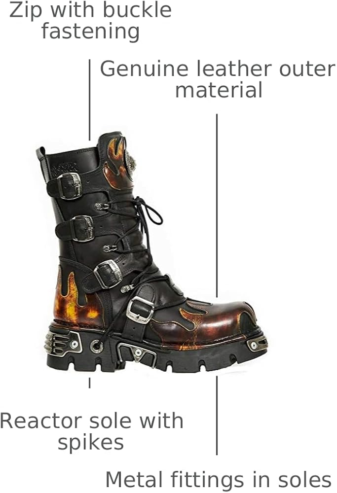 Amazon.com | New Rock 591-S1 Red Flame Boots Metal Black Leather